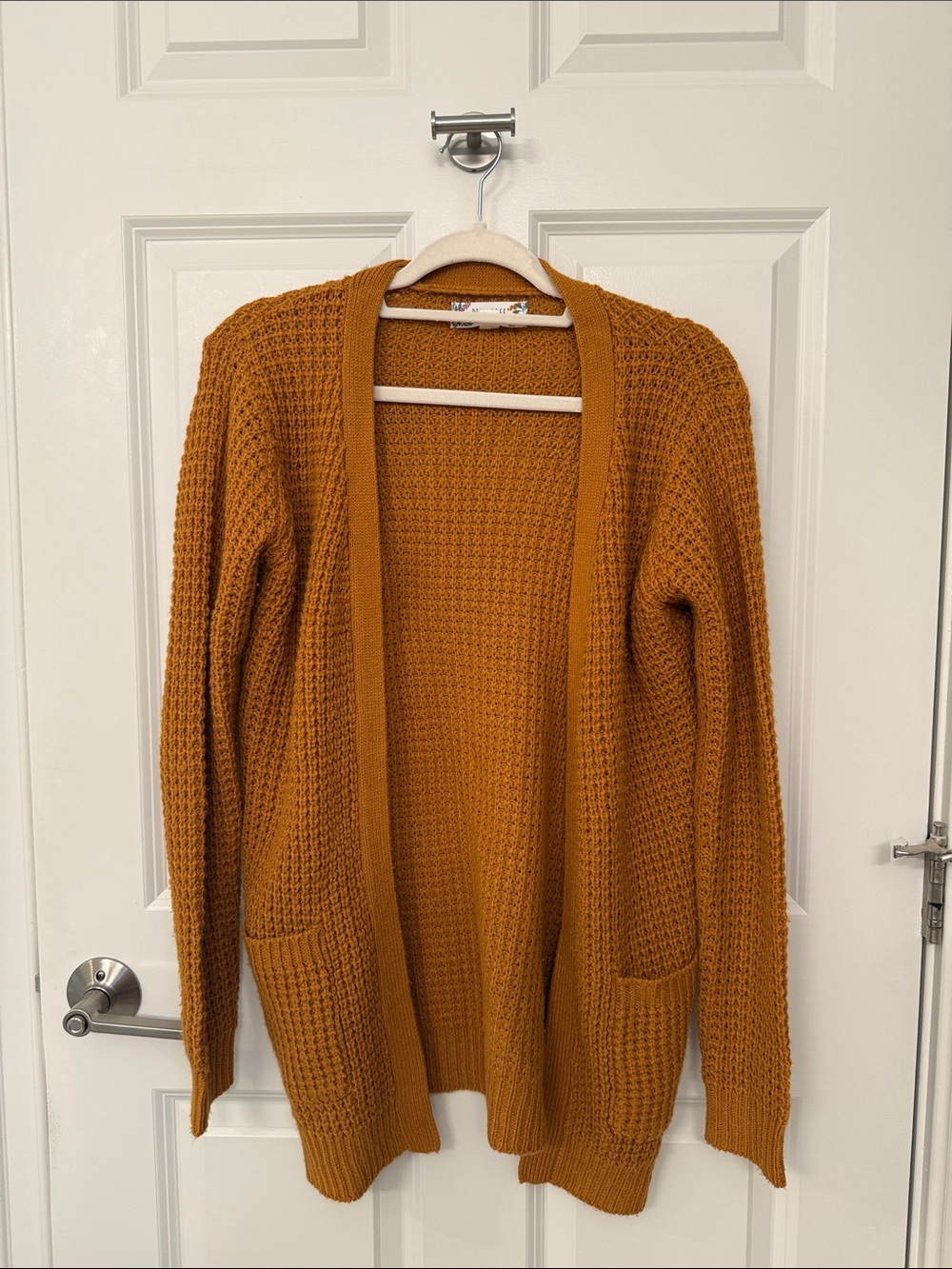 Pink Rose Open-Front Mustard-Tone Knit Cardigan